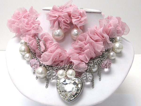 Crystal heart charm and pearl dangle chiffon and metal chain necklace earring set