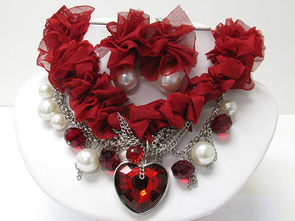 Crystal heart charm and pearl dangle chiffon and metal chain necklace earring set