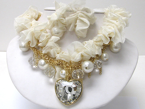 Crystal heart charm and pearl dangle chiffon and metal chain necklace earring set
