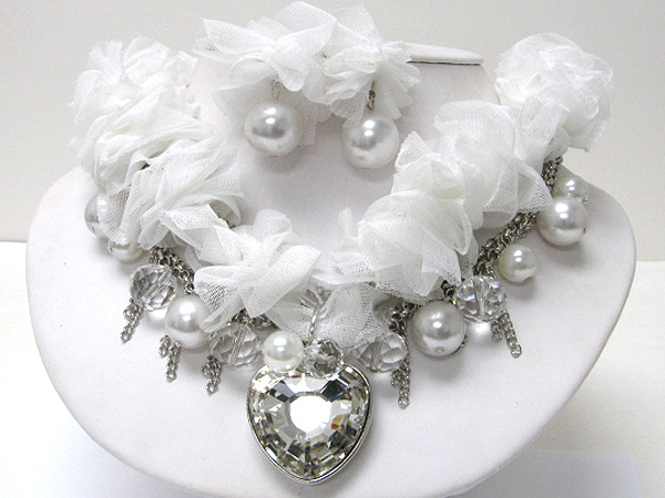 Crystal heart charm and pearl dangle chiffon and metal chain necklace earring set