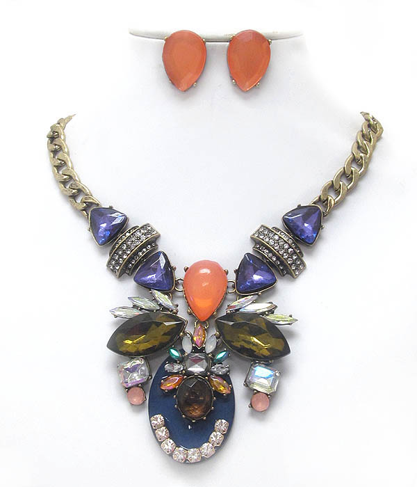 Luxury line multi crystal and thick chain boutique style necklace earring set