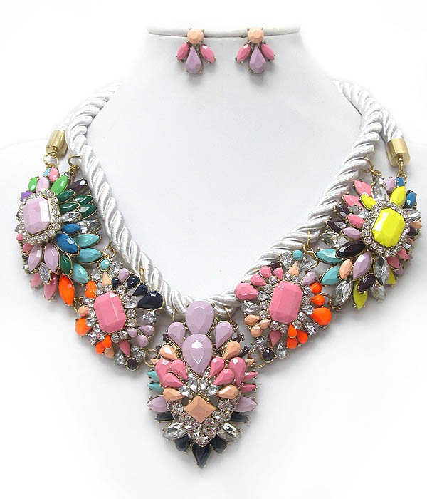 Luxury line multi crystal deco flower and rope chain necklace earring set