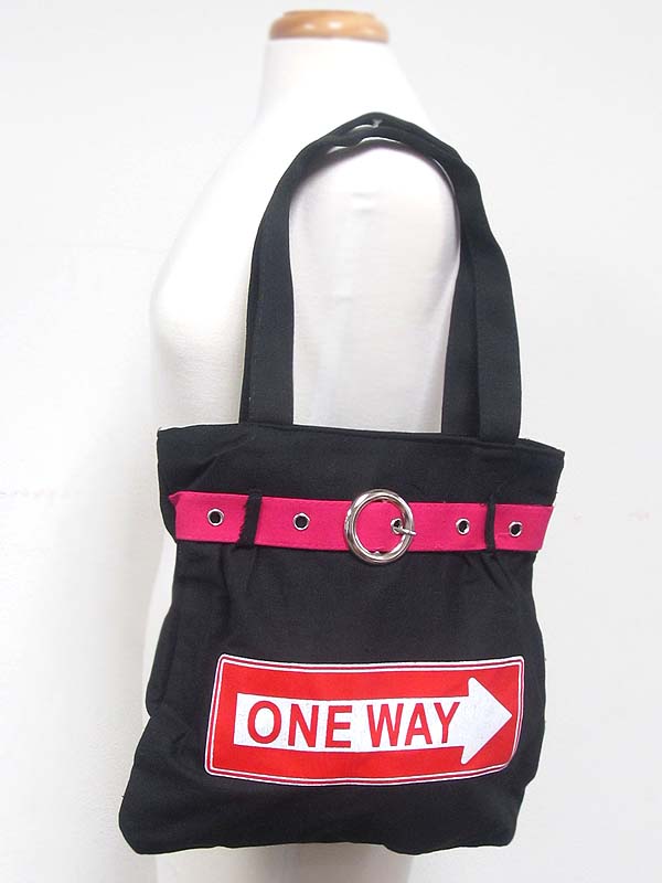 One way sign and belt accent tote bag