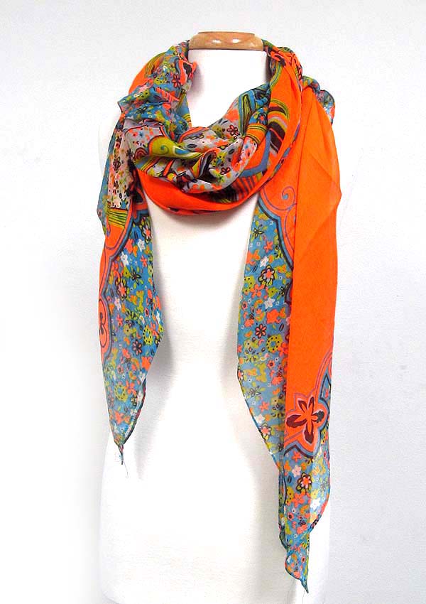 Folkloric pattern botanical theme print scarf
