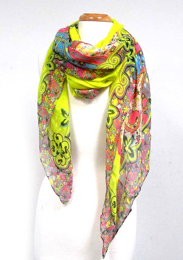 Folkloric pattern botanical theme print scarf