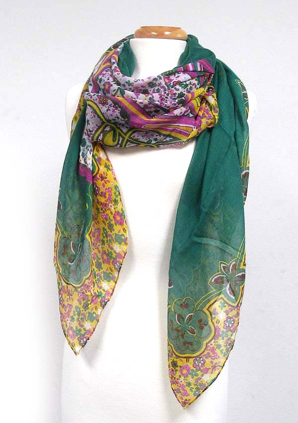 Folkloric pattern botanical theme print scarf