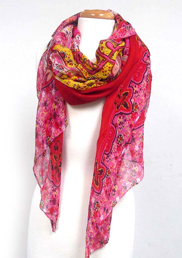 Folkloric pattern botanical theme print scarf