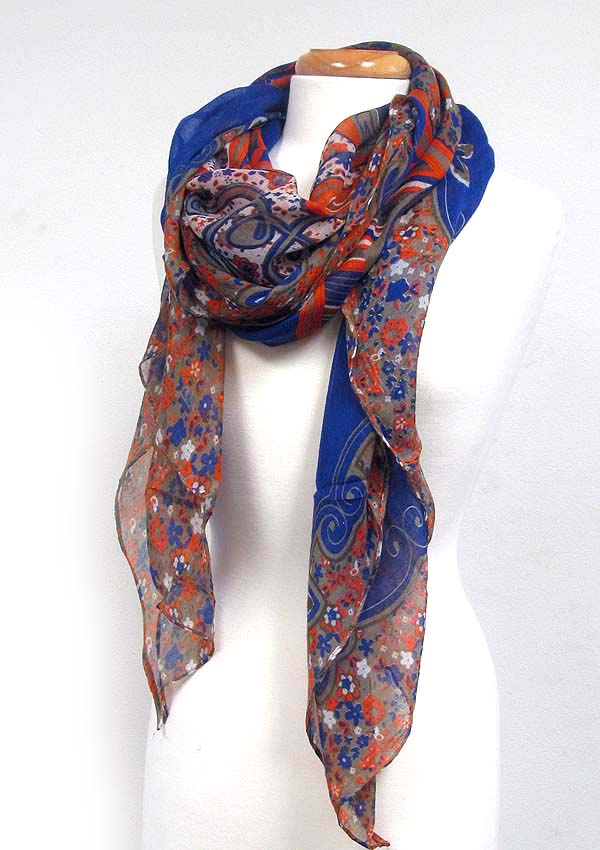 Folkloric pattern botanical theme print scarf