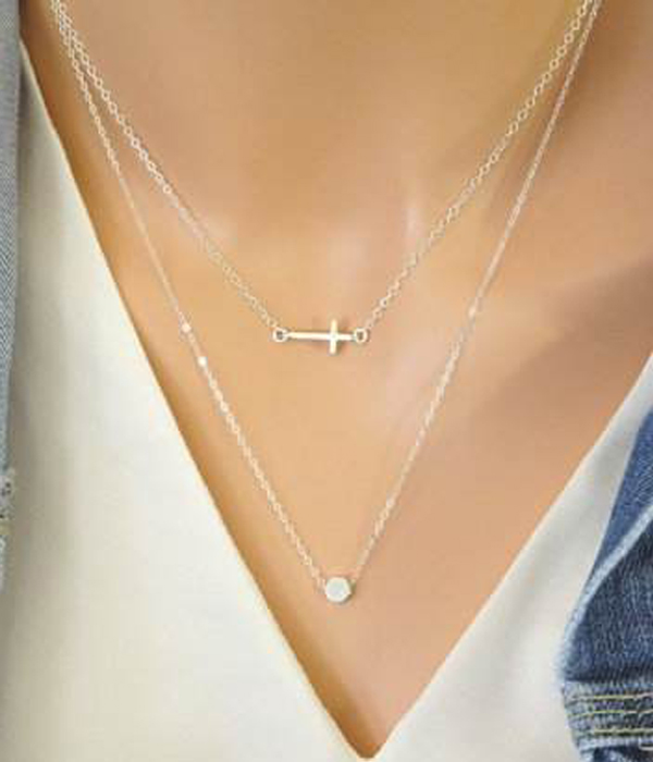 Etsy style cross and disk simple layered necklace