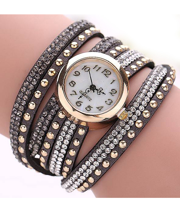 Metal and crystal stud long leather wrist wrap watch 