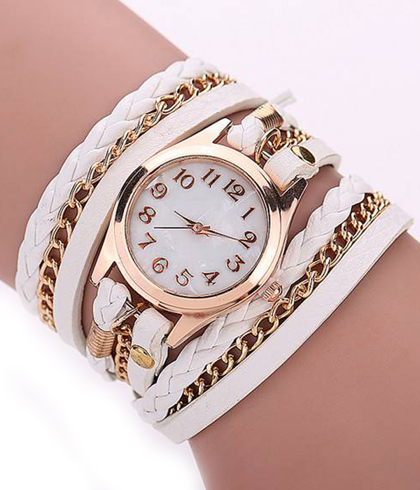 Metal chain and long leather wrist wrap watch