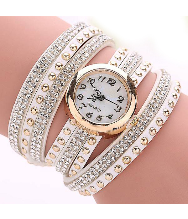 Metal and crystal stud long leather wrist wrap watch
