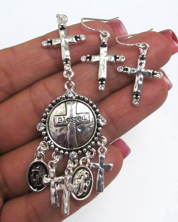 Religious inspiration cross drop necklace set - blessed