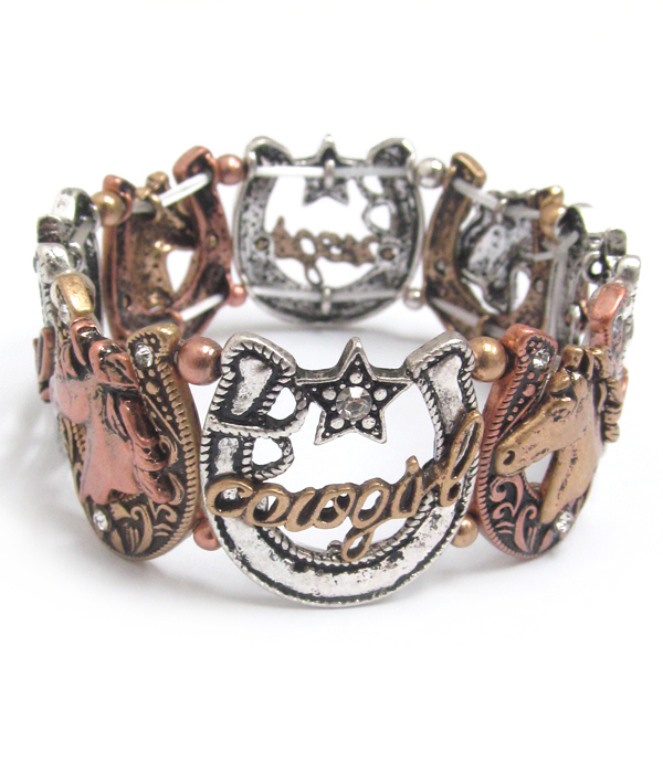 Cowboy theme multi metal horseshoe linked bracelet