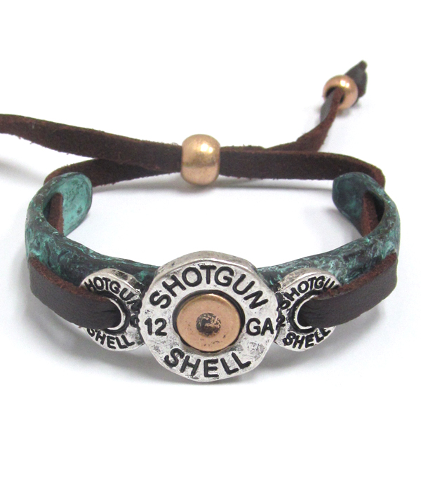 Handmade bullet and leatherette pull tie bracelet