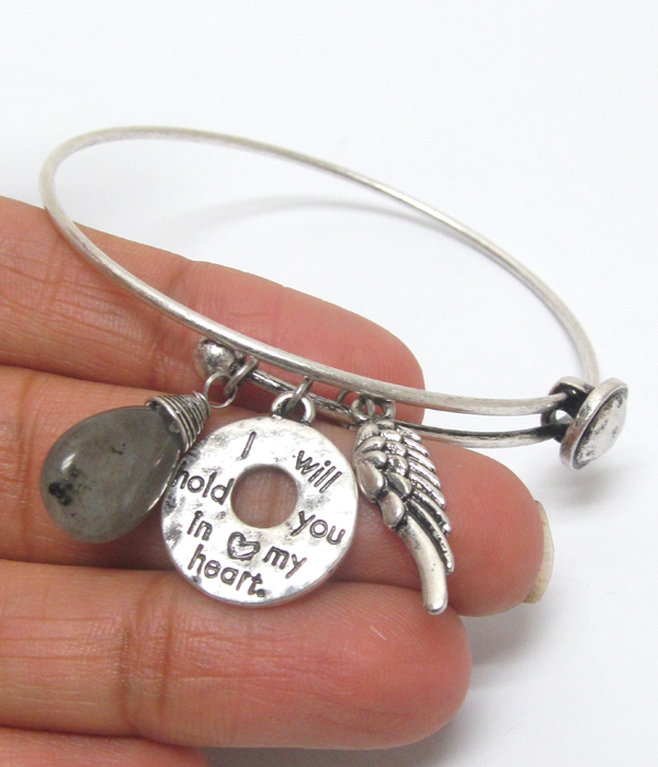 Messge charm wire bangle bracelet - i will hold you in my heart