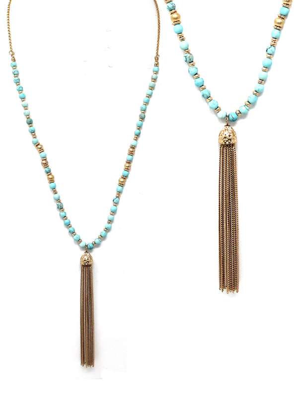 SEMI PRECIOUS STONE MIX AND CHAIN TASSEL PENDANT NECKLACE