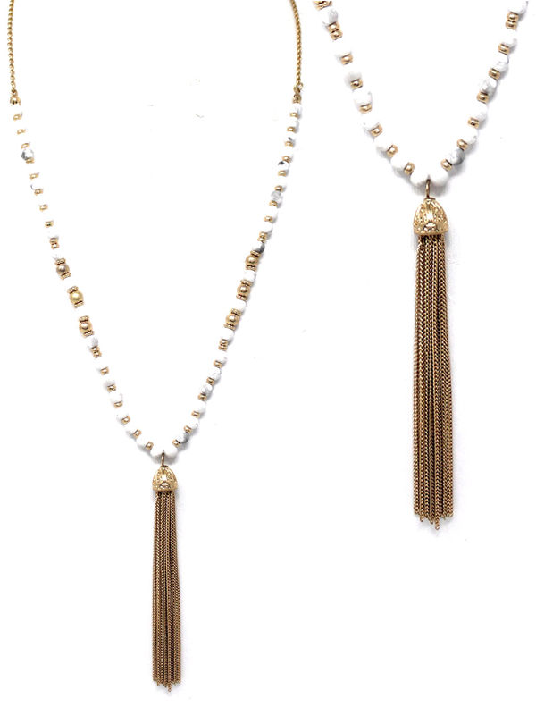 SEMI PRECIOUS STONE MIX AND CHAIN TASSEL PENDANT NECKLACE