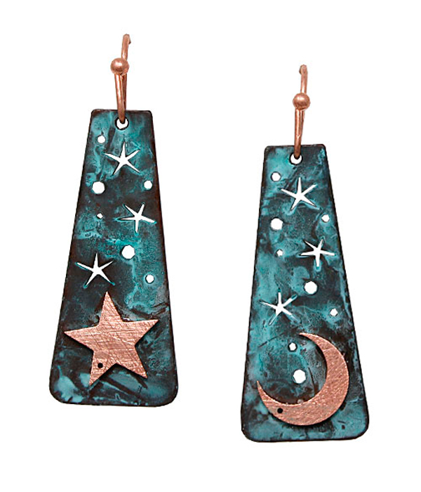 Patina moon and star earring