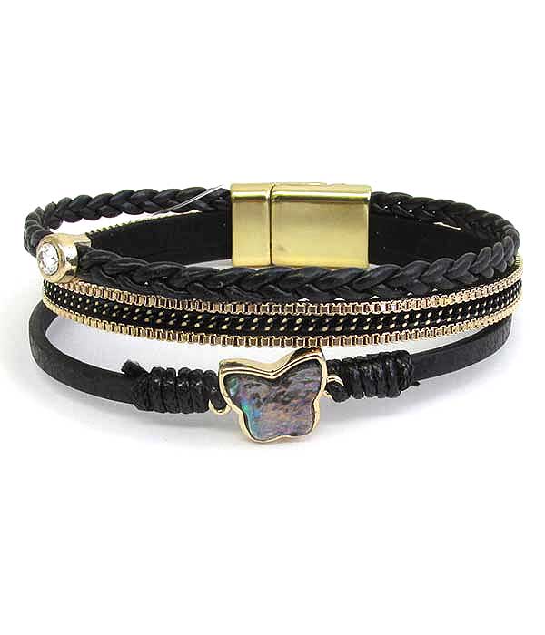 Abalone butterfly and multi layer leatherette magnetic bracelet