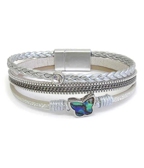 Abalone butterfly and multi layer leatherette magnetic bracelet