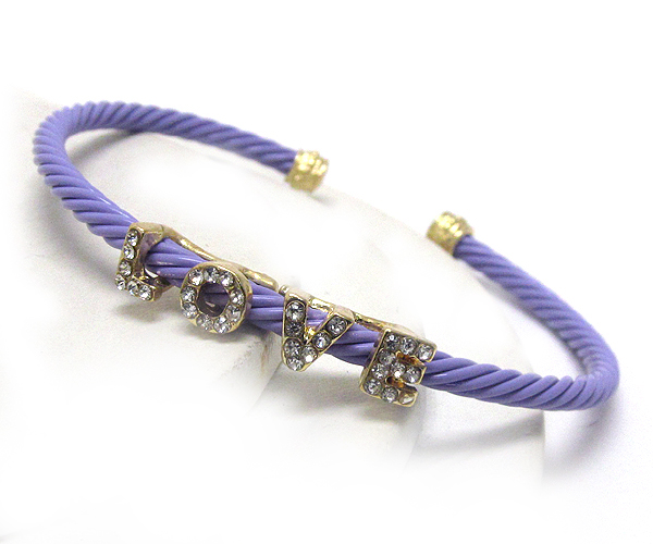 Crystal love theme and designer inspired twisted metal cable stretch bracelet