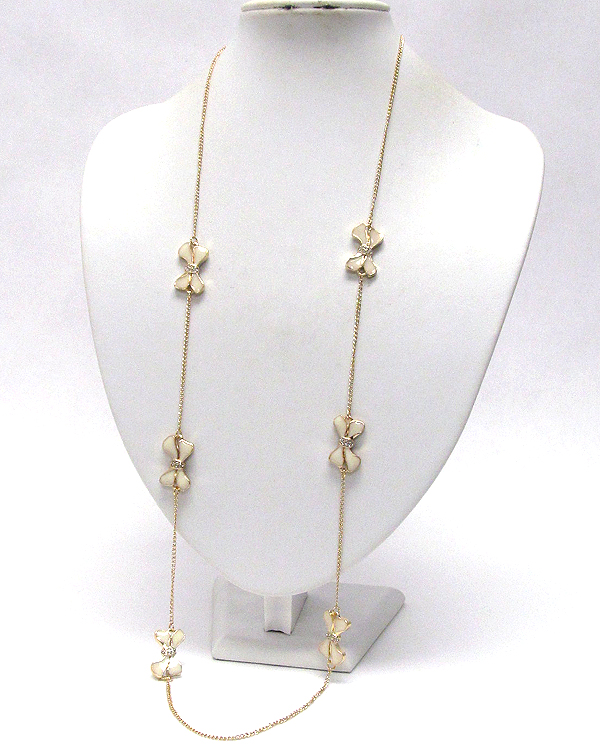 Multi crystal metal epoxy bow patern drop long chain necklace