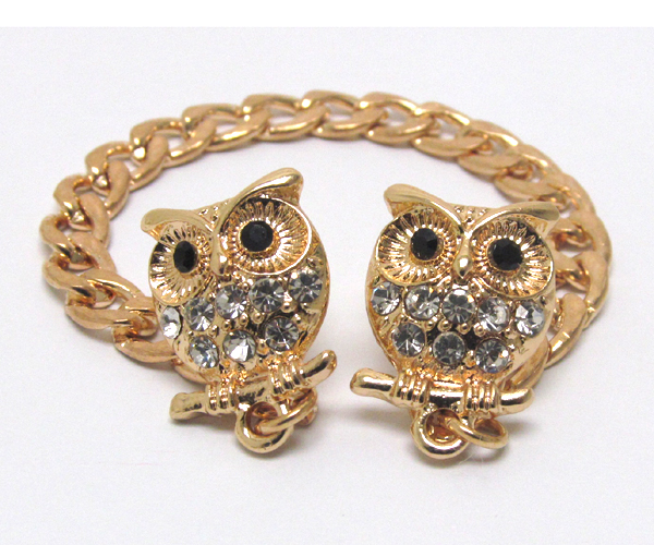 TWO CRYSTAL OWL WITH CHAIN COLLAR PIN