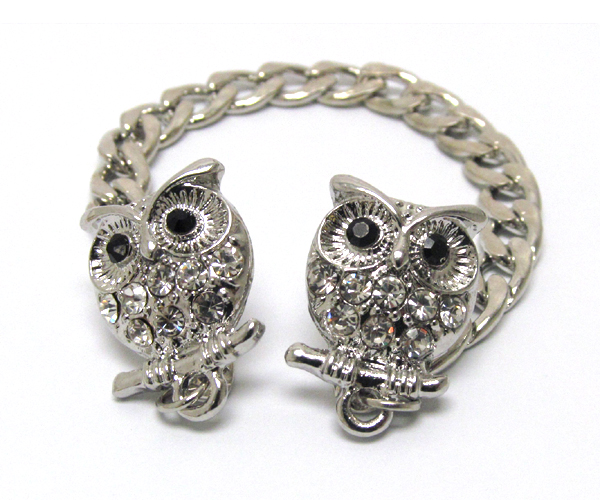 TWO CRYSTAL OWL WITH CHAIN COLLAR PIN