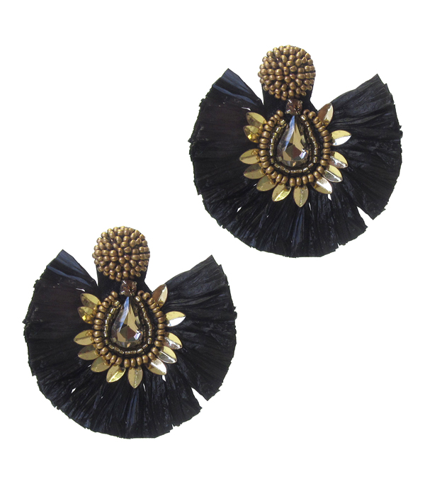 RAFFIA TASSEL AND FACET GLASS EARRING