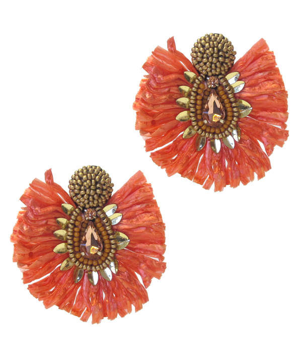 Raffia tassel and facet glass earring