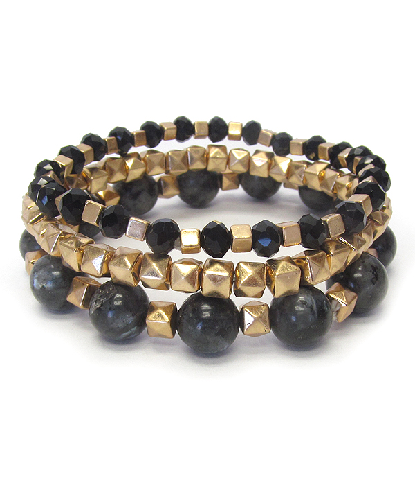 Semi precious stone mix 3 stretch bracelet set