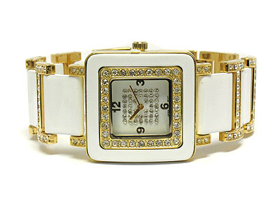 Crystal on face and band metal watch