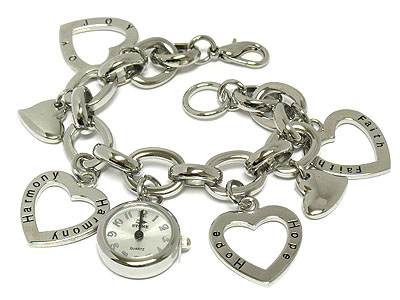 Joy harmony hope faith - four heart charm chain watch -valentine