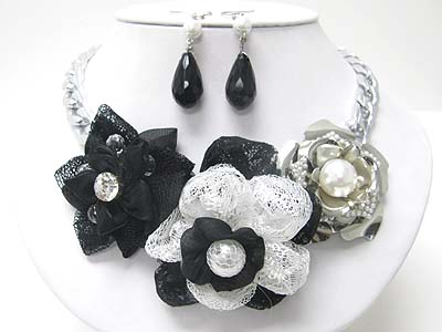 METAL AND FABRIC MESH FLOWER METAL CVHAIN NECKLACE EARRING SET