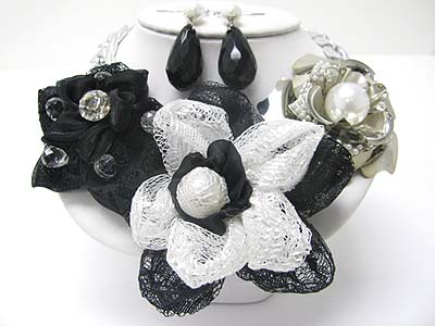 METAL AND FABRIC MESH FLOWER METAL CVHAIN NECKLACE EARRING SET