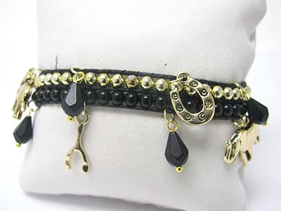 Multi lucky charms dangle acryl and metal ball leather pad bracelet