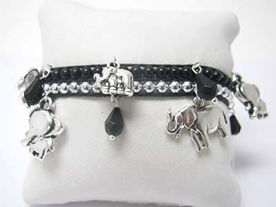 Multi lucky charms dangle acryl and metal ball leather pad bracelet