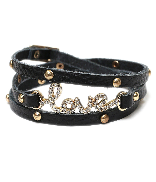 Crystal love leather wrap bracelet