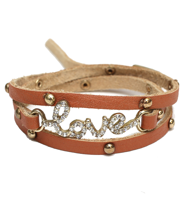 Crystal love leather wrap bracelet