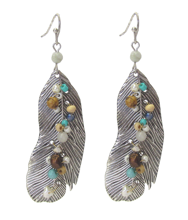 Multi seed bead metal feather earring