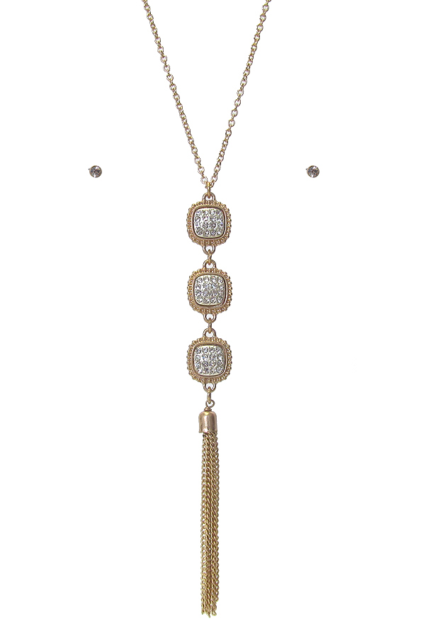Triple crystal pendant and long fine chain tassel drop necklace set