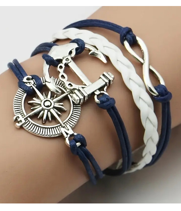 Nautical theme braided leatherette bracelet - anchor