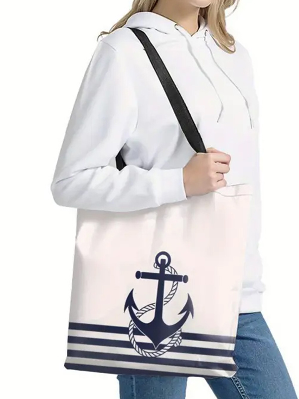 Nautical theme anchor canvas tote bag - inner pocker top zipper