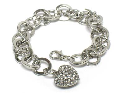 Crystal puffy heart charm dangle toggle bracelet