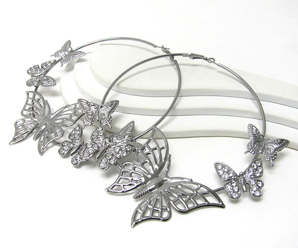 Crystal deco multi butterfly link large wire hoop earring - hoops
