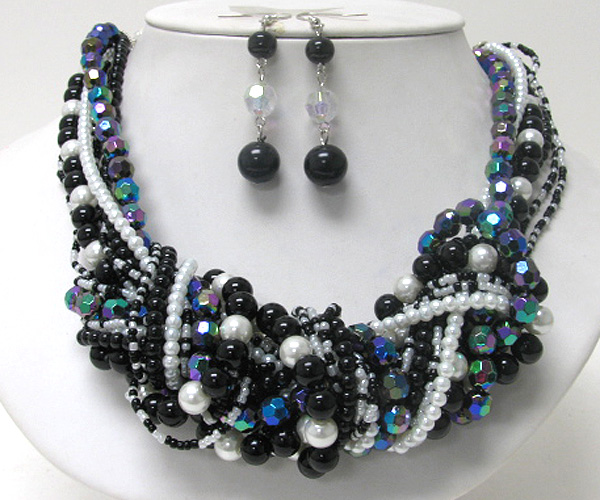 Facet glass bead pearl and seed beads mix multi chain tied center necklace earring set