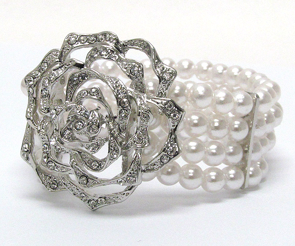 Crystal deco flower and pearl deco band stretch bracelet