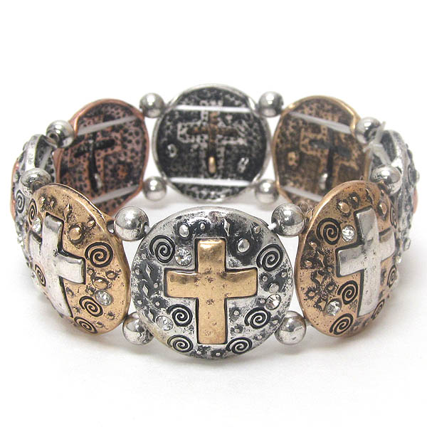Crystal and cross disk link chico style stretch bracelet