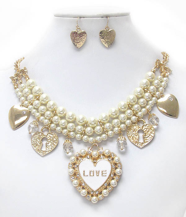 Crystal and pearl heart pendant and 3 layer pearl chain necklace earring set -valentine